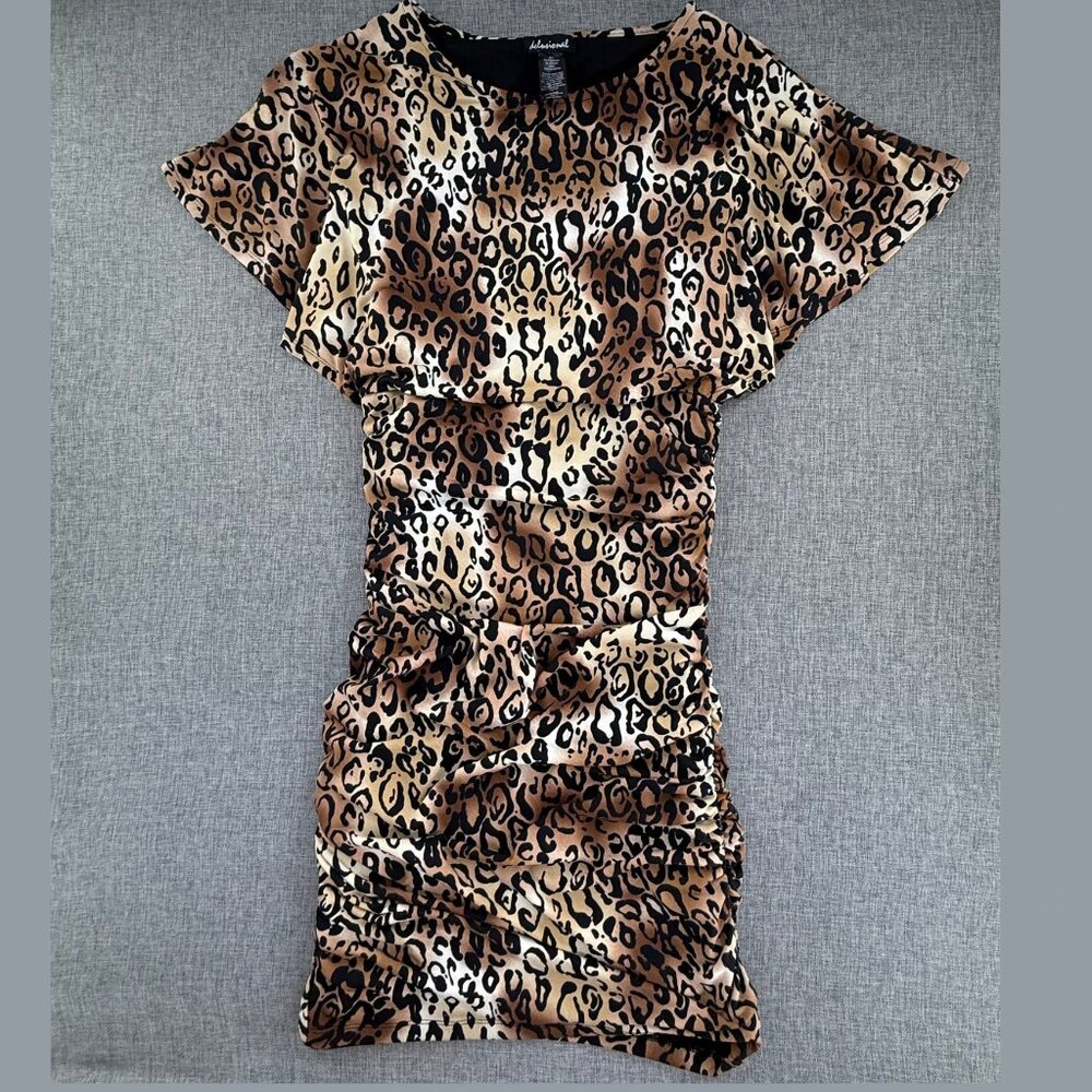 Delusional Mini Bodycon Sexy Dress Animal‎ Print Ruched Small Flutter Sleeves